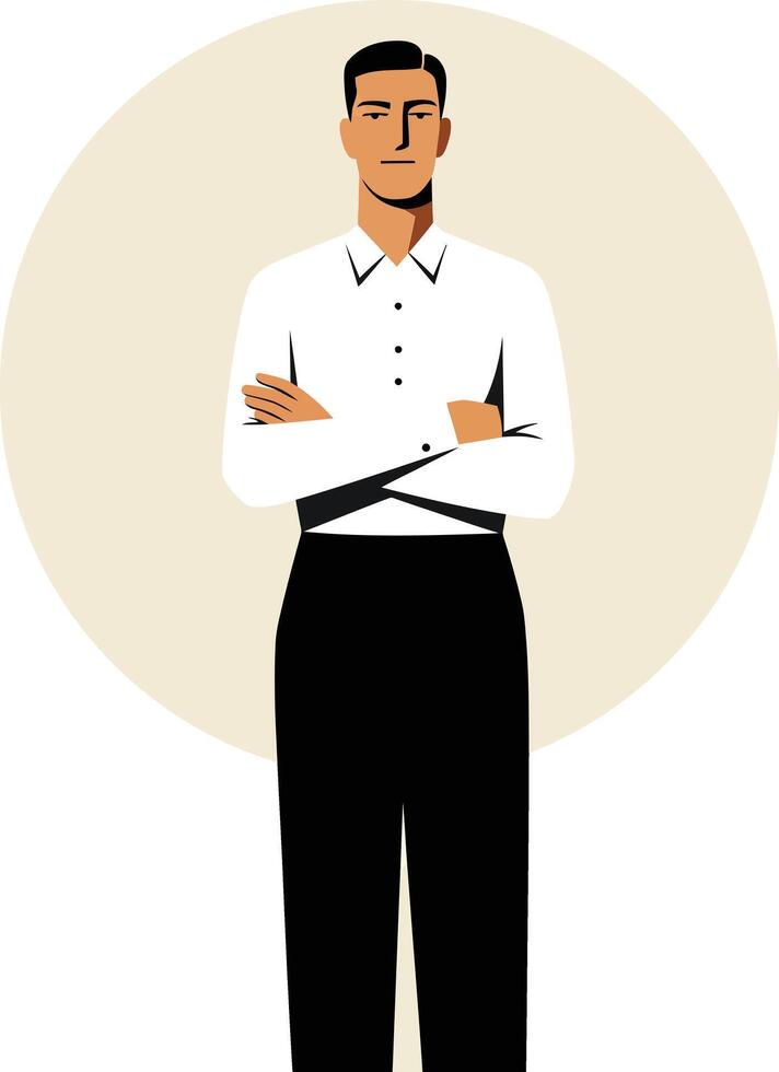 Confident young man standing with arms crossed in black pants and white shirt in minimalistic style vector