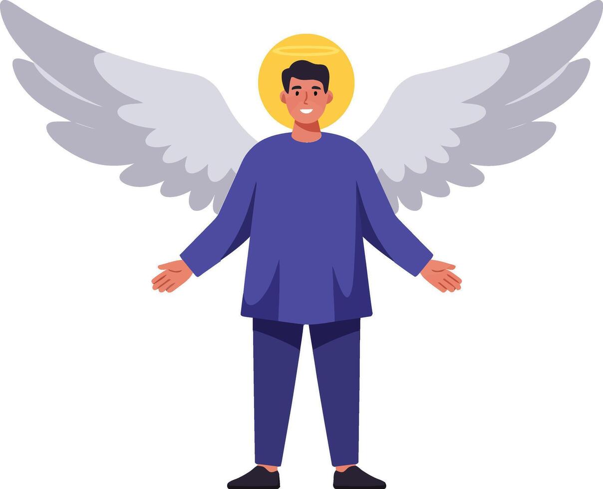 Angel figure with glowing halo and large white wings standing with open arms in blue clothing illustration vector