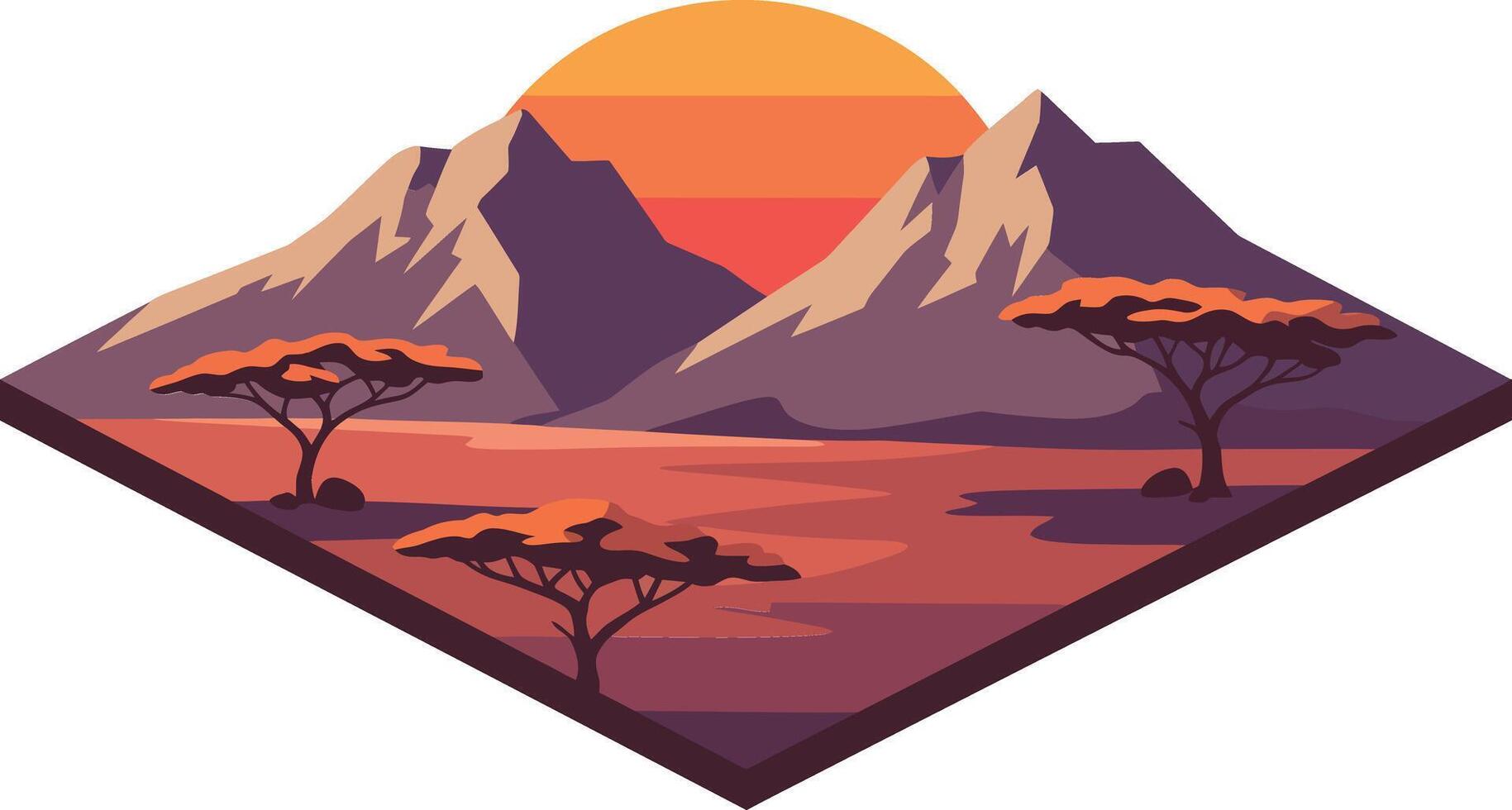 African savanna sunset landscape with mountains and acacia trees illustration in warm orange and purple tones vector