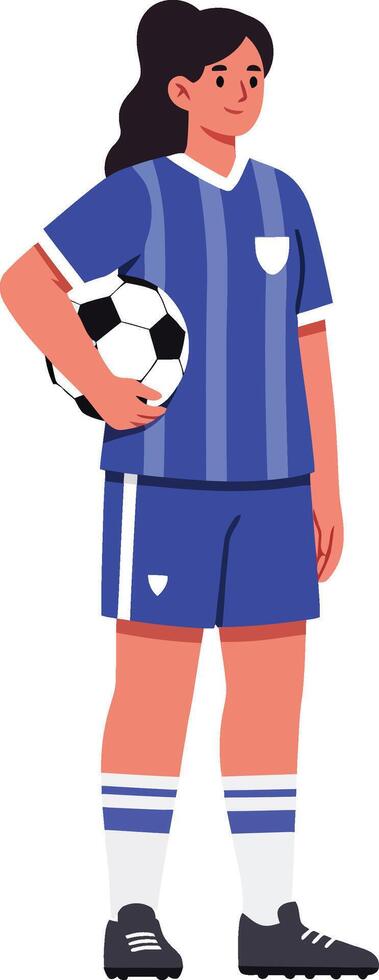 Female soccer player in blue uniform holding ball standing confidently illustration vector