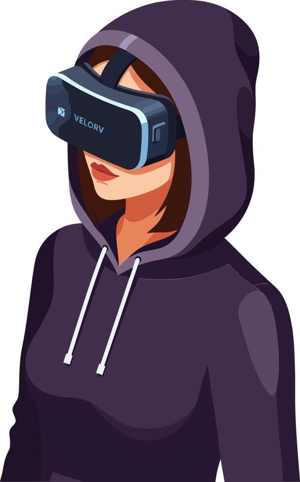 Woman wearing virtual reality headset in purple hoodie embracing immersive technology experience vector