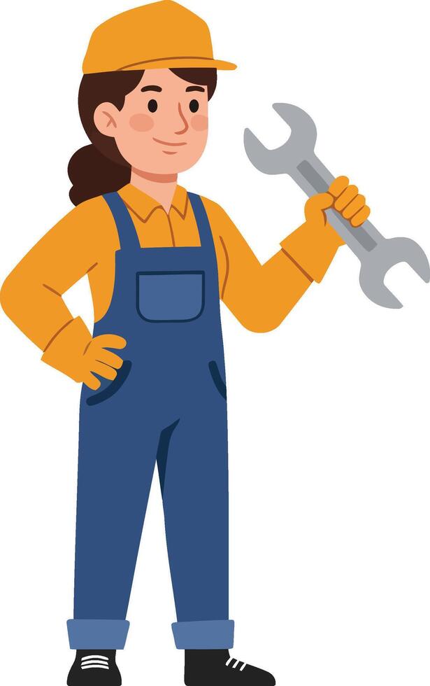 Female Mechanic Holding Wrench Wearing Yellow Cap and Blue Overalls Standing Confidently vector