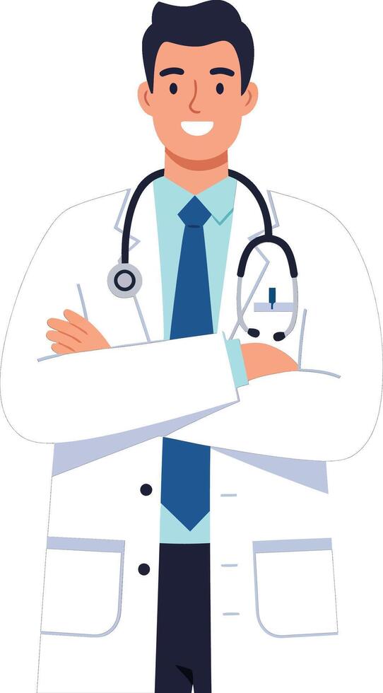 Male doctor in white coat with stethoscope standing confidently with arms crossed medical professional healthcare portrait vector