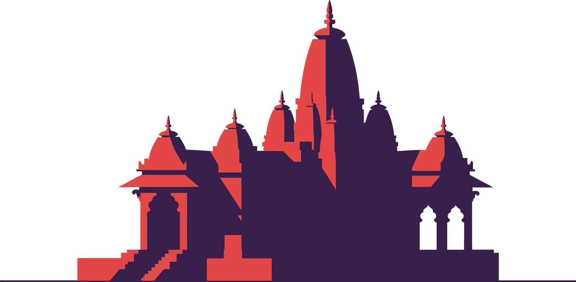 Hindu temple silhouette with red and dark purple contrast art illustration design vector