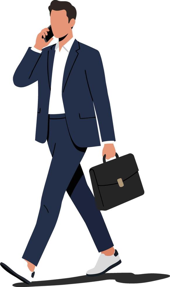 Businessman walking with briefcase and talking on phone in navy blue suit and white shoes vector