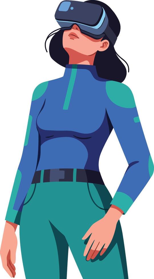 Woman wearing virtual reality headset exploring immersive digital environment in modern technology setting vector