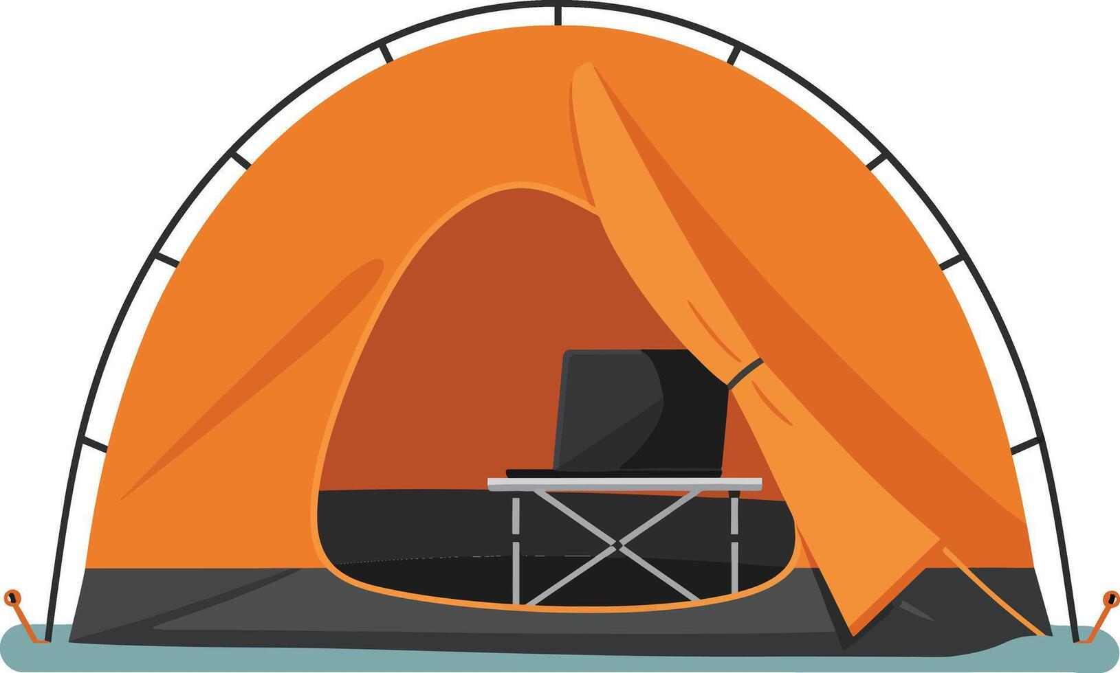 Orange camping tent with open flap and camping stove inside in outdoor leisure setting vector