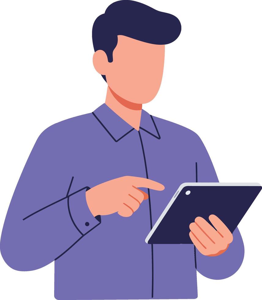 Man using digital tablet technology for work or leisure in purple shirt on light background illustration vector