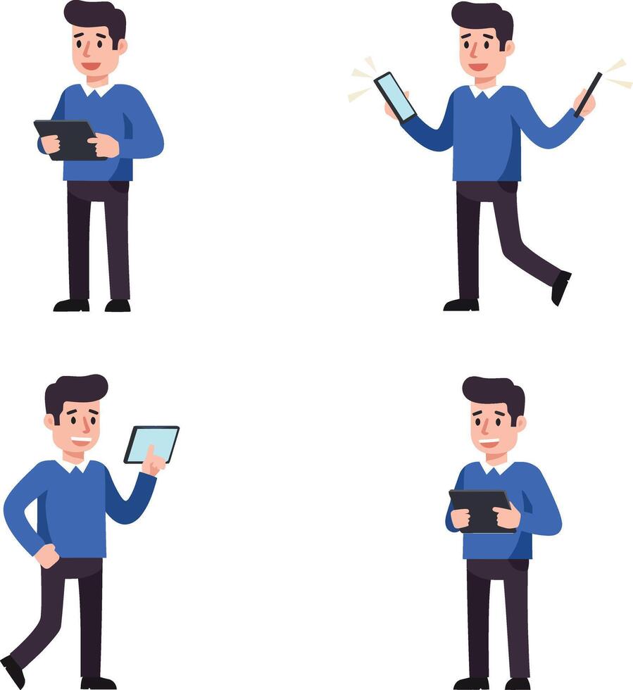 Young man using digital tablet and smartphone in casual blue sweater illustration set vector