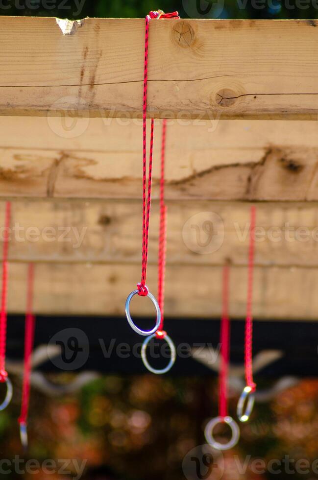 Close Up of Rings and Hanging Grips on a Wooden Structure photo