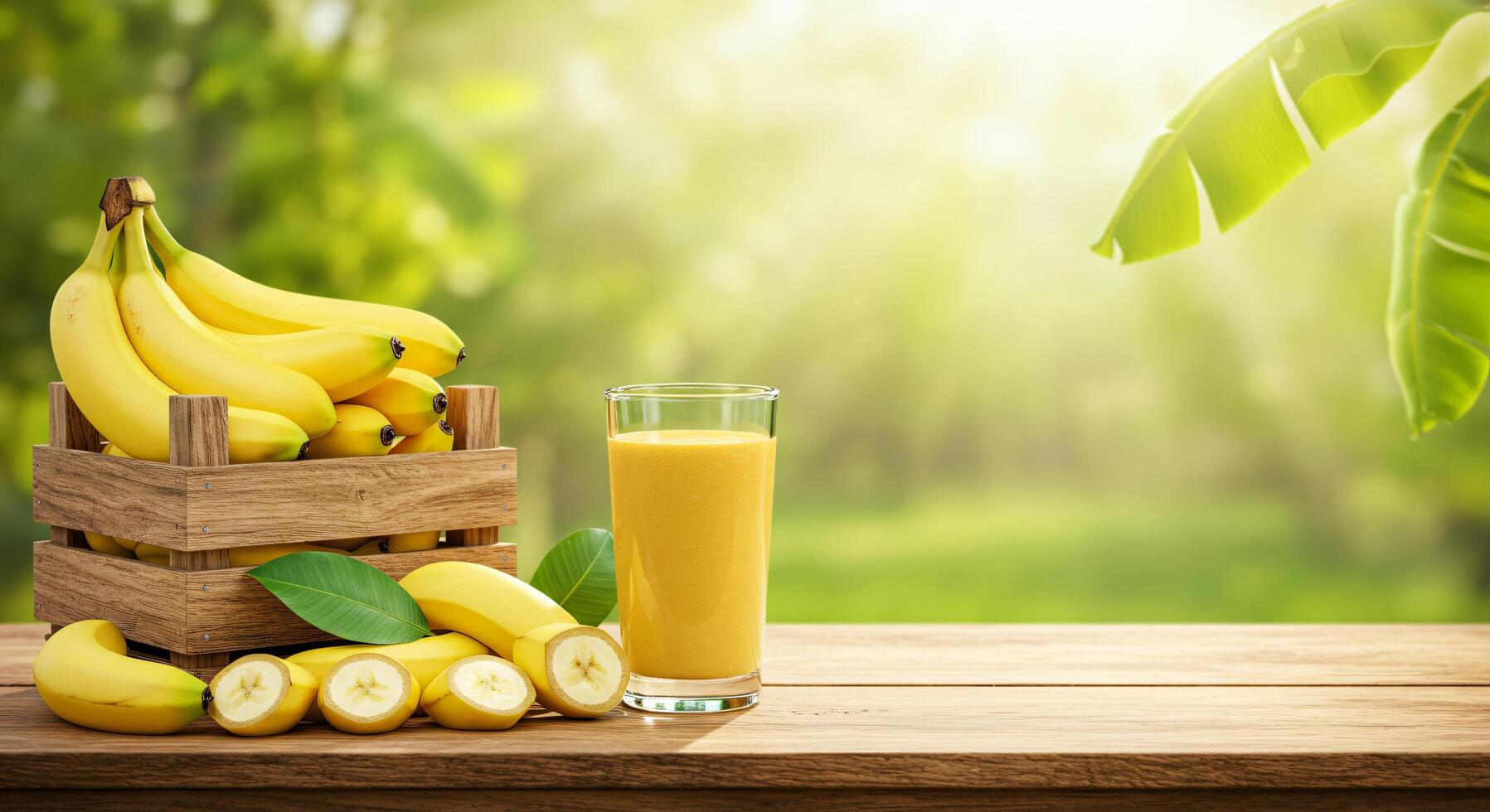 Ripe Banana Harvest with Fresh Juice on Wooden Table in Vibrant Tropical Garden photo