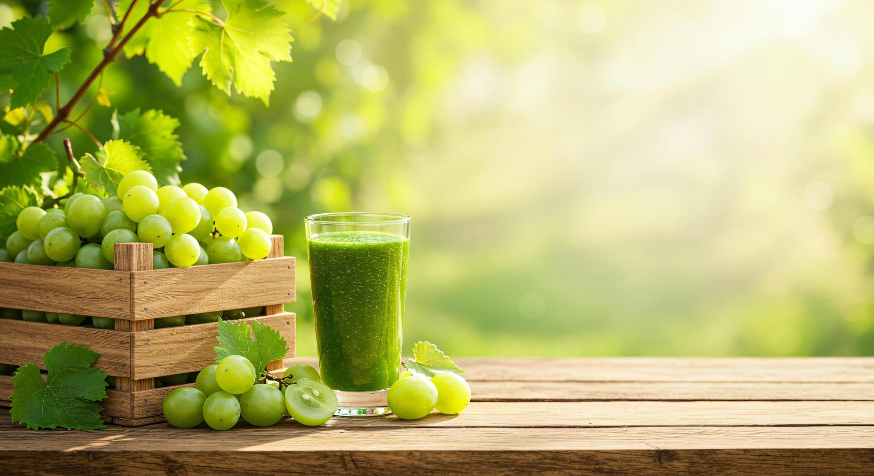 Green Grapes and Fresh Juice on a Wooden Table in a Sunny Vineyard Setting photo