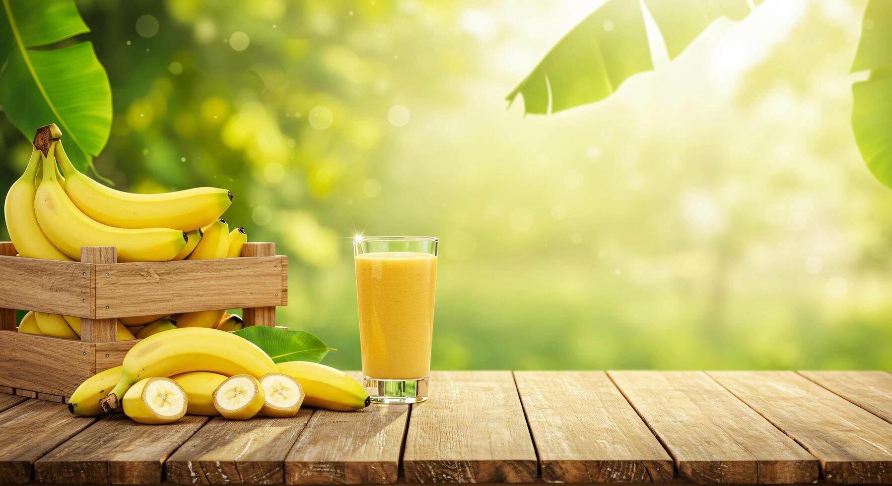 Fresh Banana Harvest with Juice Glass on Wooden Table in Bright Tropical Garden photo