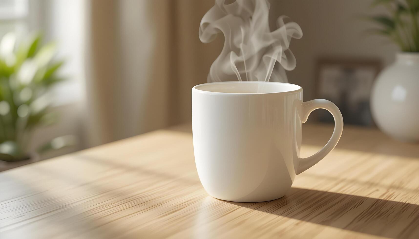 Glossy Coffee Mug Mockup on Wooden Table photo