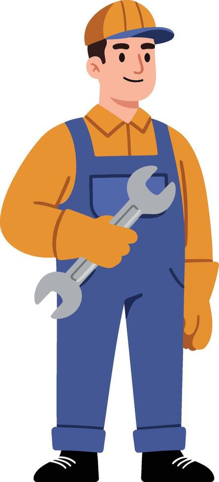 Construction worker holding wrench wearing safety helmet and overalls cartoon character illustration vector