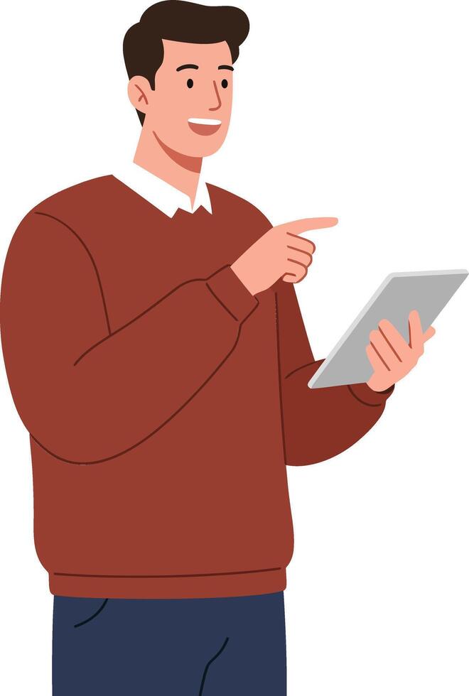 Young man using digital tablet smiling and pointing at screen in casual outfit illustration vector