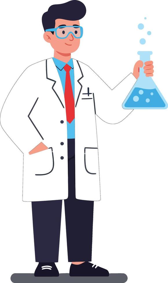 Male scientist in white lab coat holding blue liquid flask in laboratory setting with glasses and red tie vector