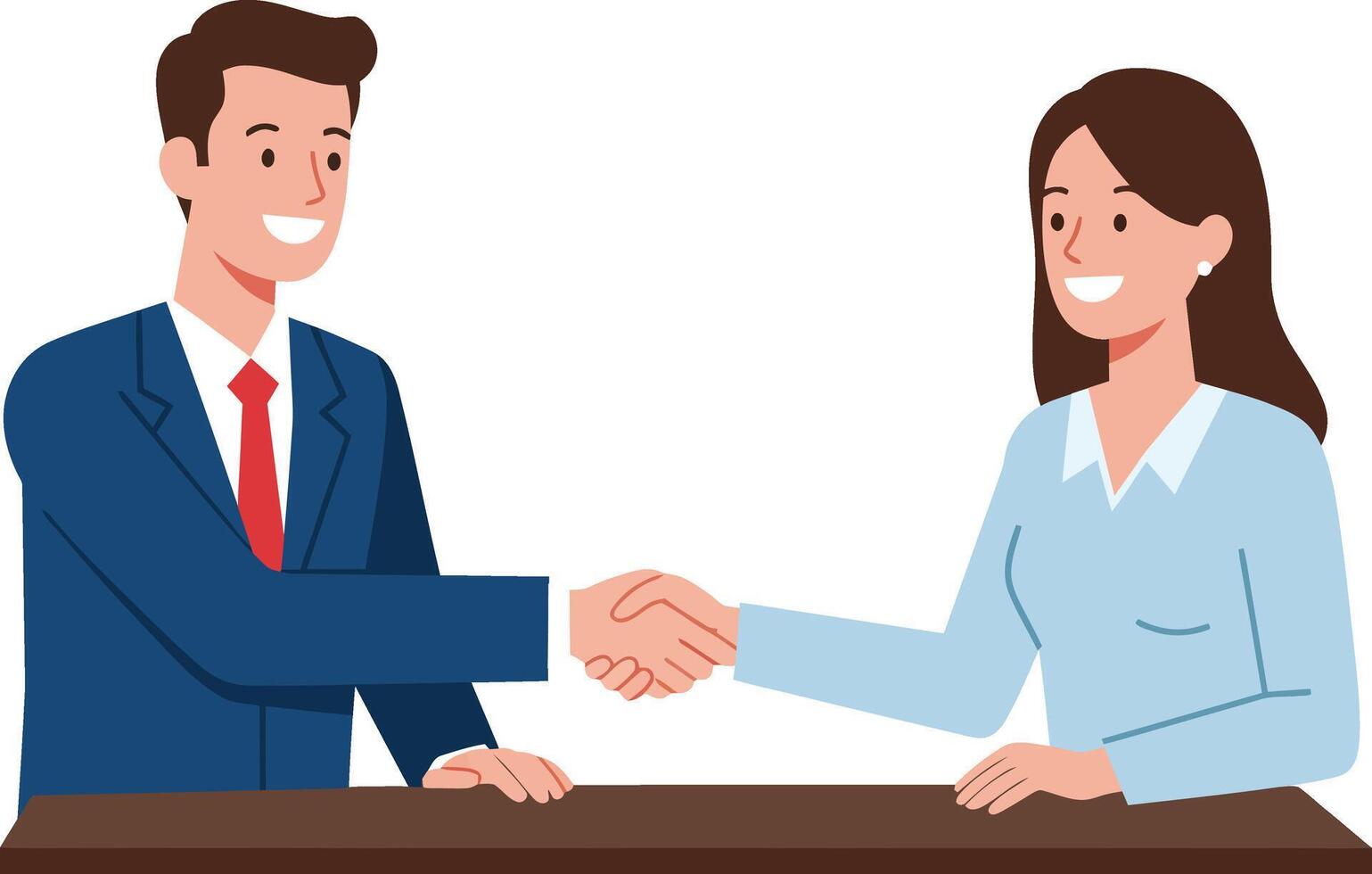 Businessman and businesswoman shaking hands over table in professional agreement concept illustration vector