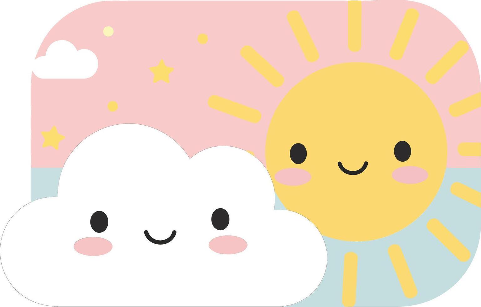Cute smiling sun and cloud cartoon illustration with pastel colors and friendly expressions vector