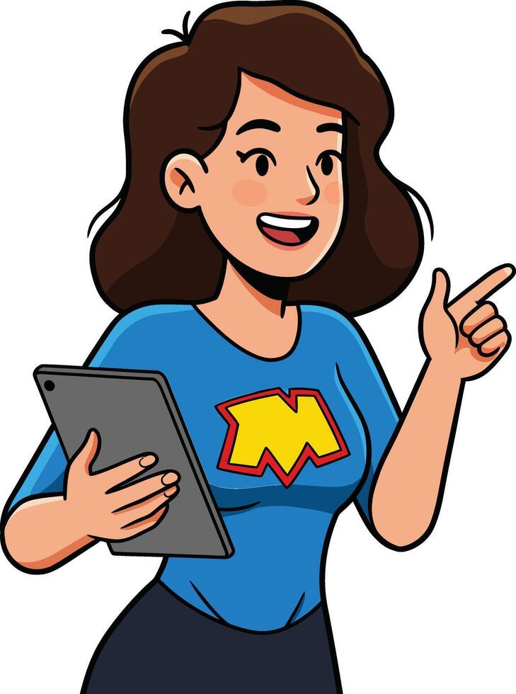 Woman in blue shirt holding tablet with cartoon M logo on red background digital illustration vector