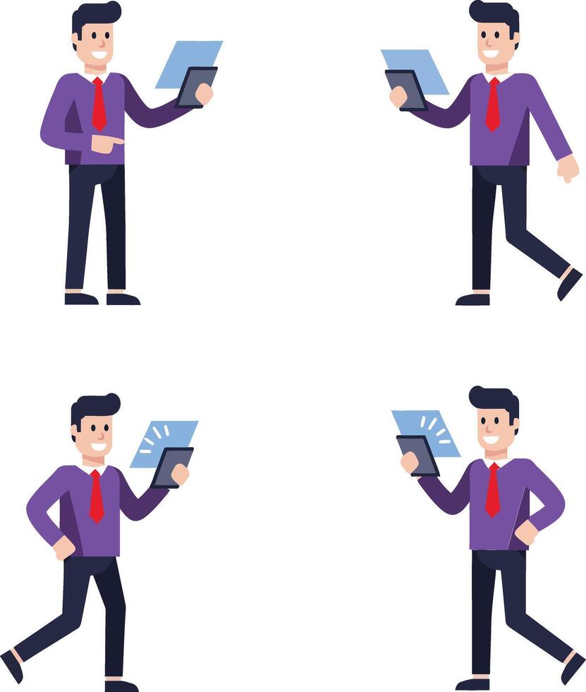 Businessman in purple shirt and red tie holding tablet in different poses illustration on orange background vector