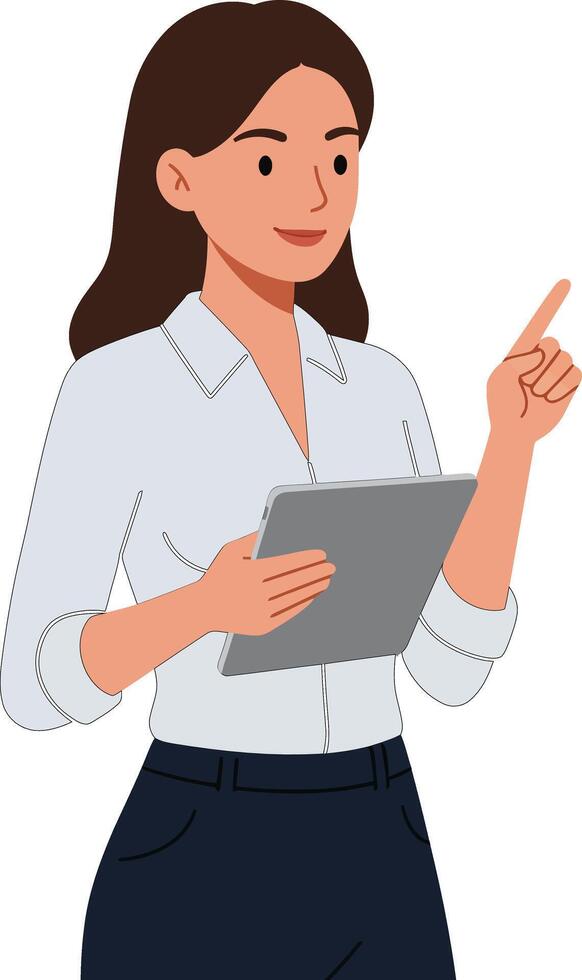 Woman holding tablet pointing with finger wearing white shirt and dark pants simple flat illustration vector