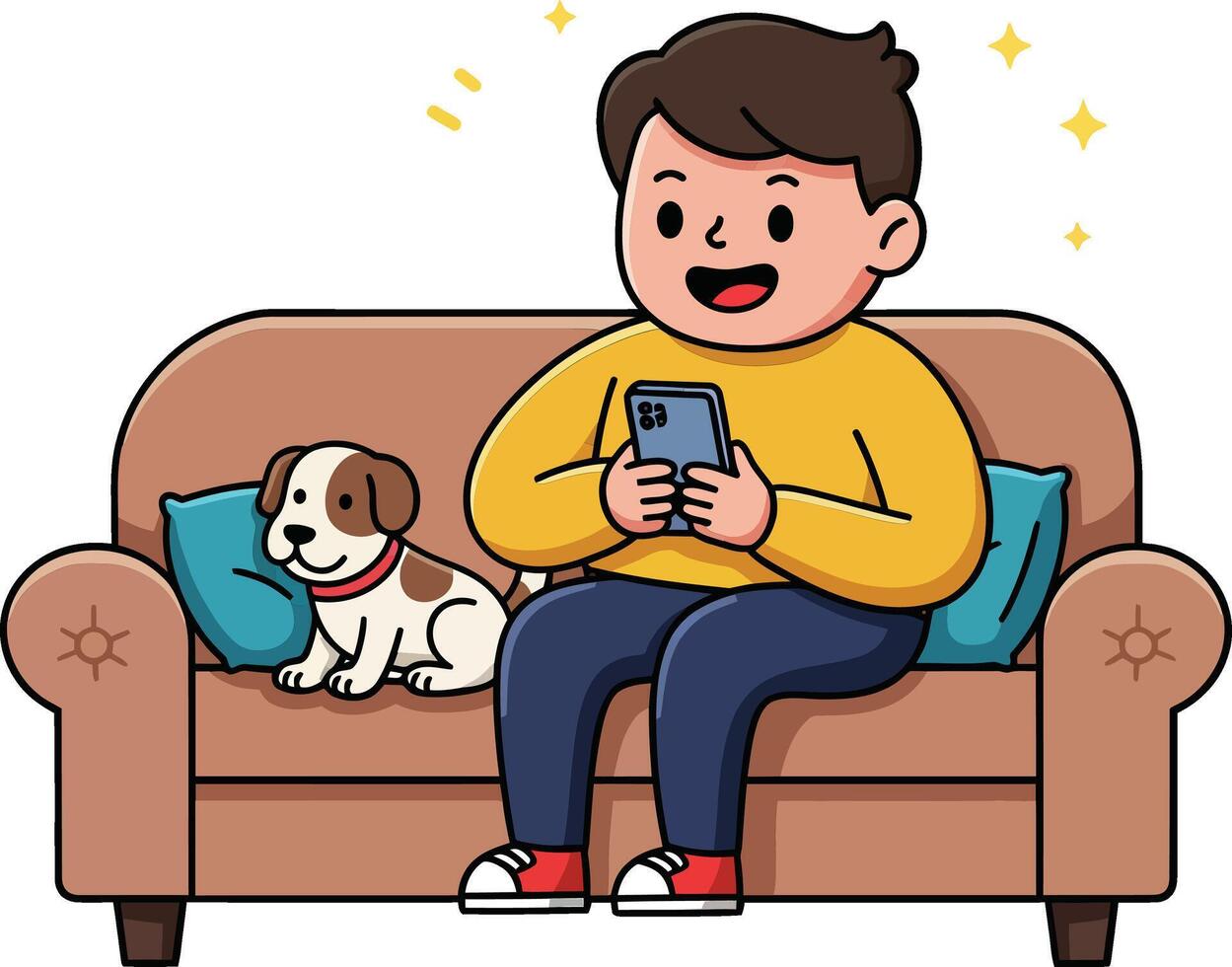 Boy sitting on sofa with dog using smartphone happy relaxed leisure moment indoors vector