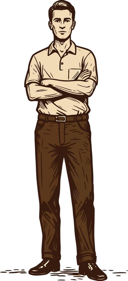 Confident standing man with folded arms in casual shirt and trousers natural posture illustration vector