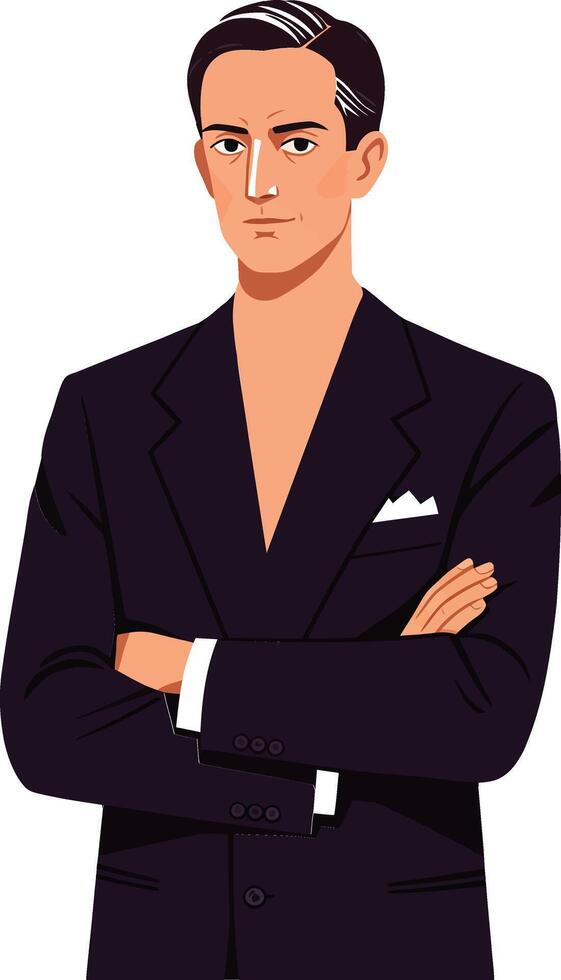 Confident young man in black suit with folded arms standing against white background digital illustration vector