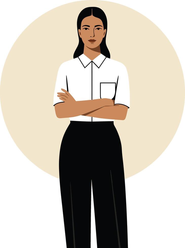 Confident young woman standing with arms crossed wearing white shirt and black pants in minimalistic style vector