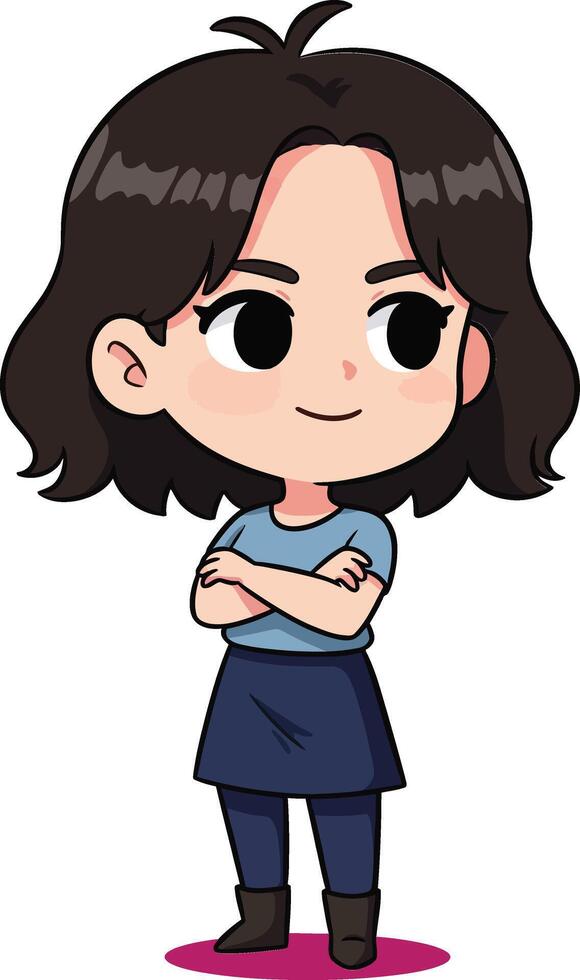 Cartoon character with crossed arms and dark hair in casual clothing standing confidently with shadow beneath vector