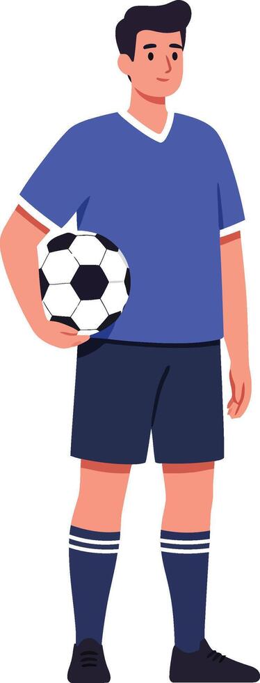 Young male soccer player standing with ball in blue jersey and shorts sportswear vector
