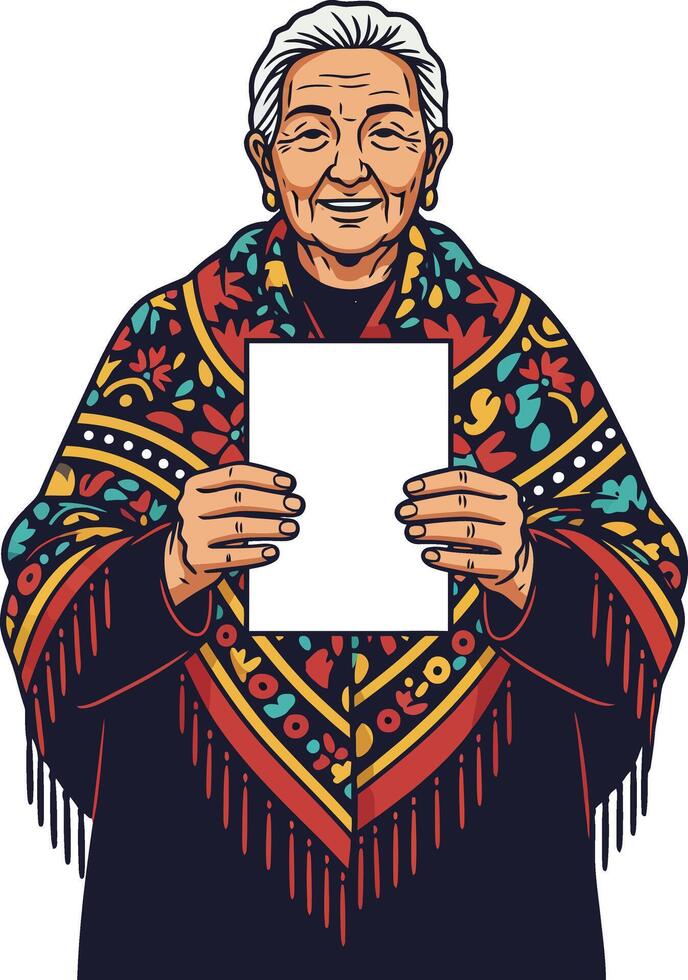 Elderly woman holding blank paper wearing colorful traditional shawl smiling warmly in portrait format vector