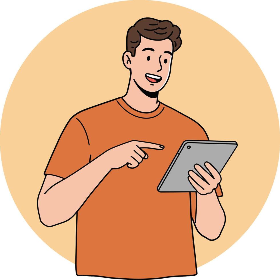 Young man using tablet technology device with orange shirt digital illustration in flat style vector