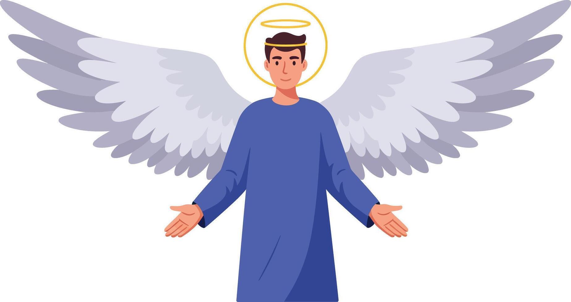 Angelic figure with glowing halo and large white wings in blue robe spiritual symbolism and celestial grace vector