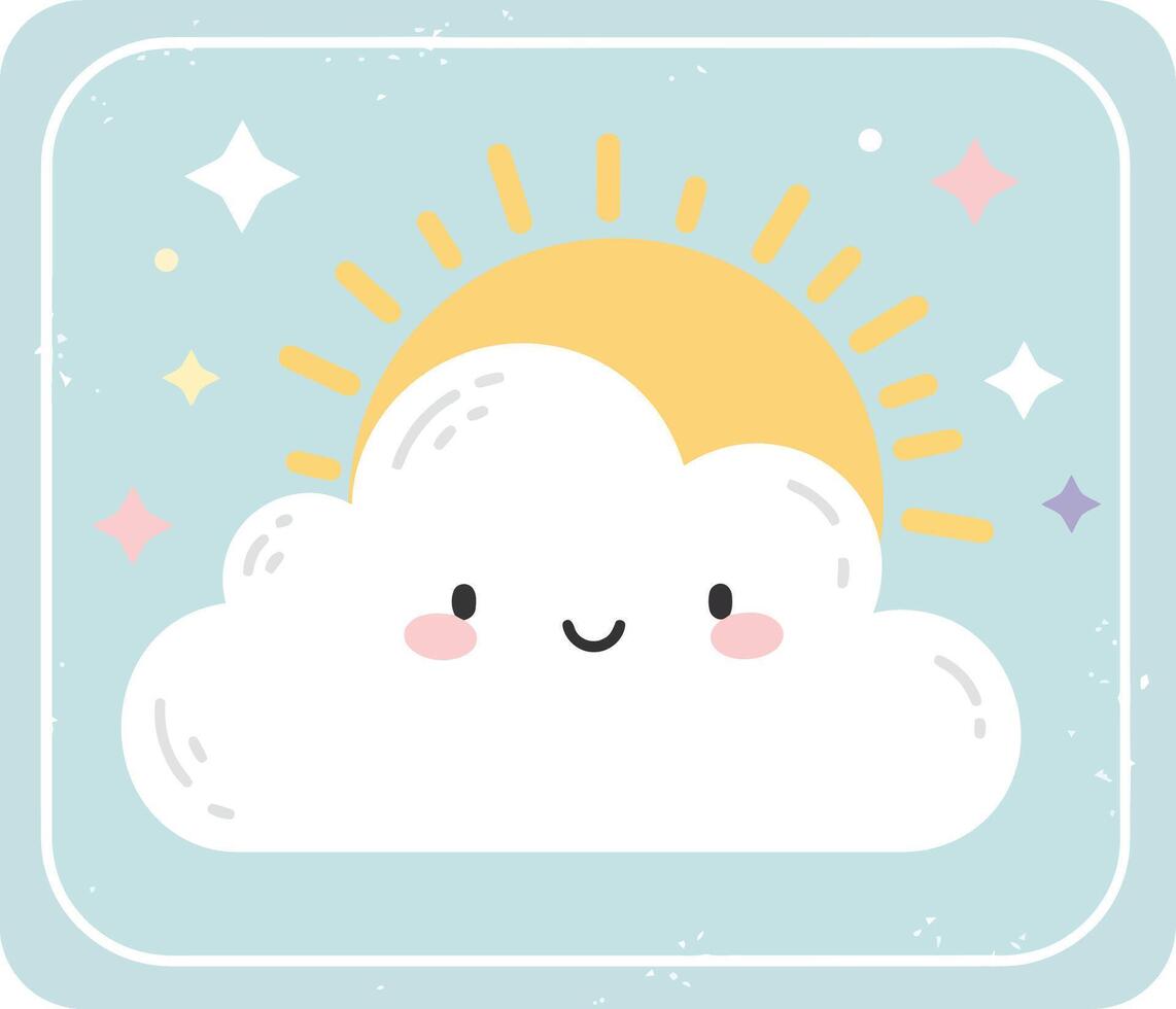 Cute cloud with happy face and cheerful sunshine illustration in pastel colors with stars background vector