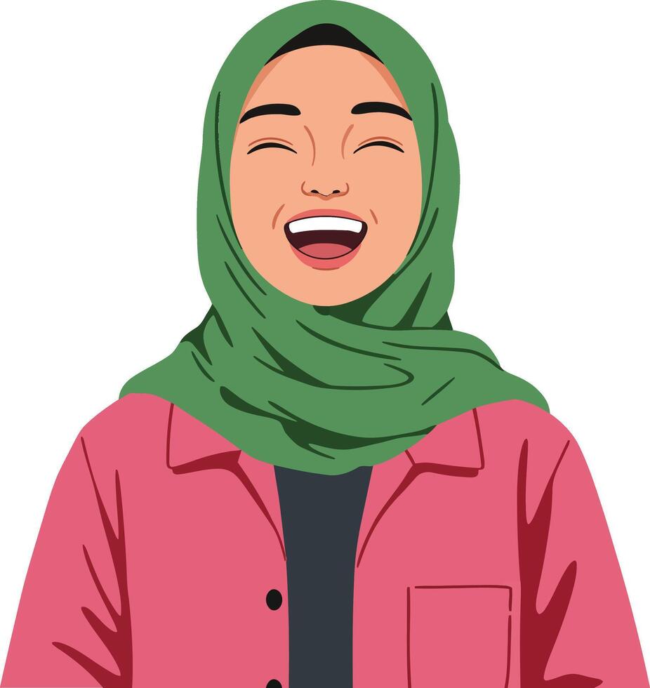 Young woman wearing green hijab and pink jacket smiling joyfully with closed eyes cheerful expression vector