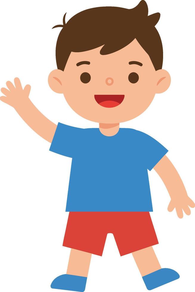 Happy little boy waving hand wearing blue t-shirt and red shorts cheerful kid illustration vector