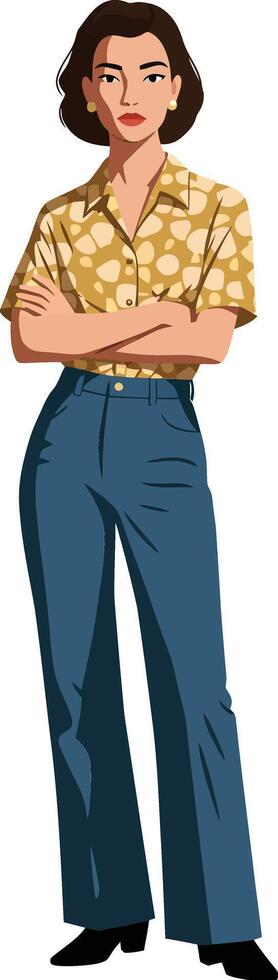 Woman with folded arms wearing yellow patterned shirt and blue jeans standing confidently in full body portrait vector