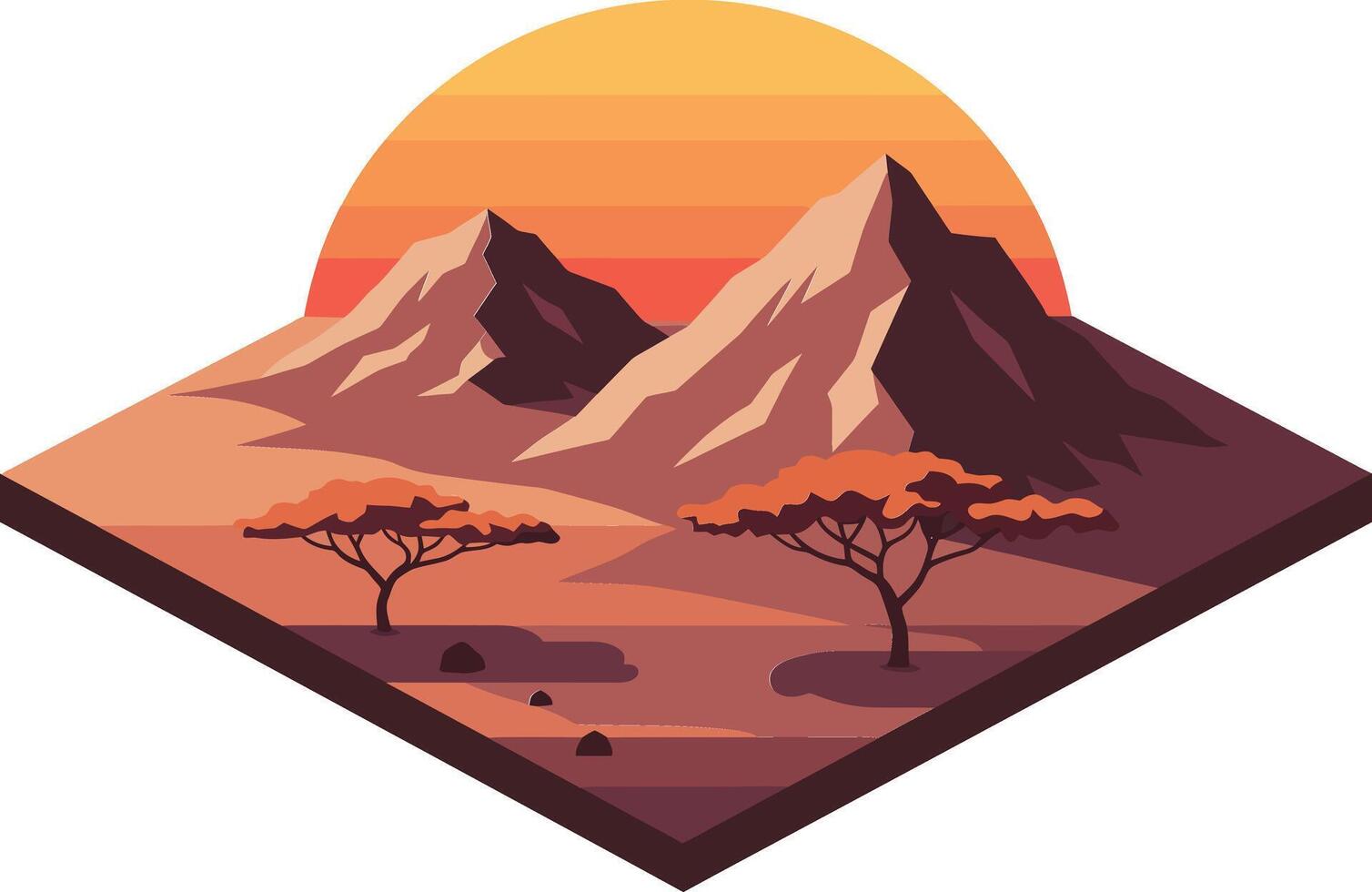 Desert landscape with mountains and acacia trees at sunset illustration in warm orange and brown tones vector