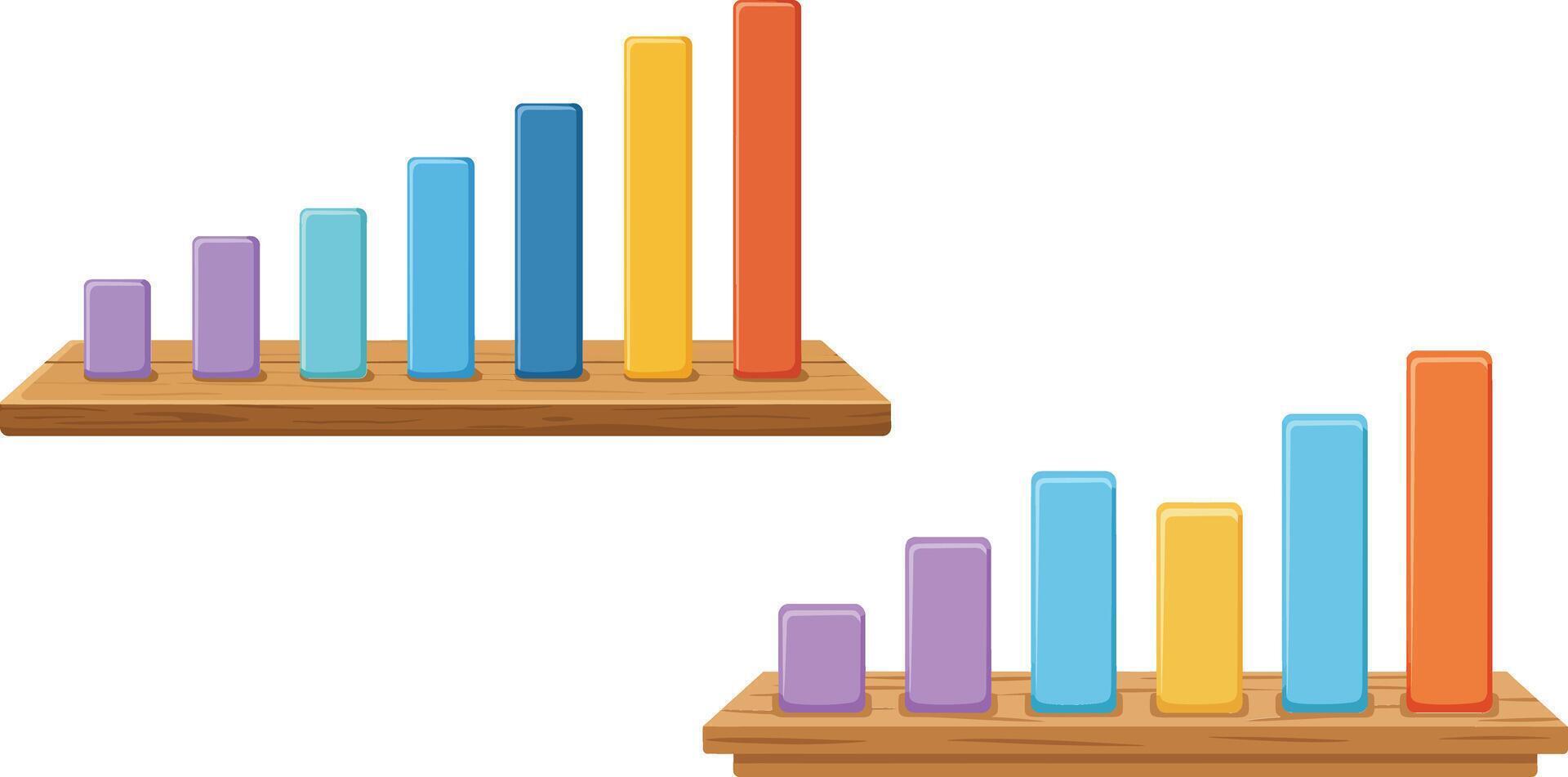 Colorful bar graphs showing data comparison with purple, blue, yellow, and orange bars on wooden bases in landscape orientation vector