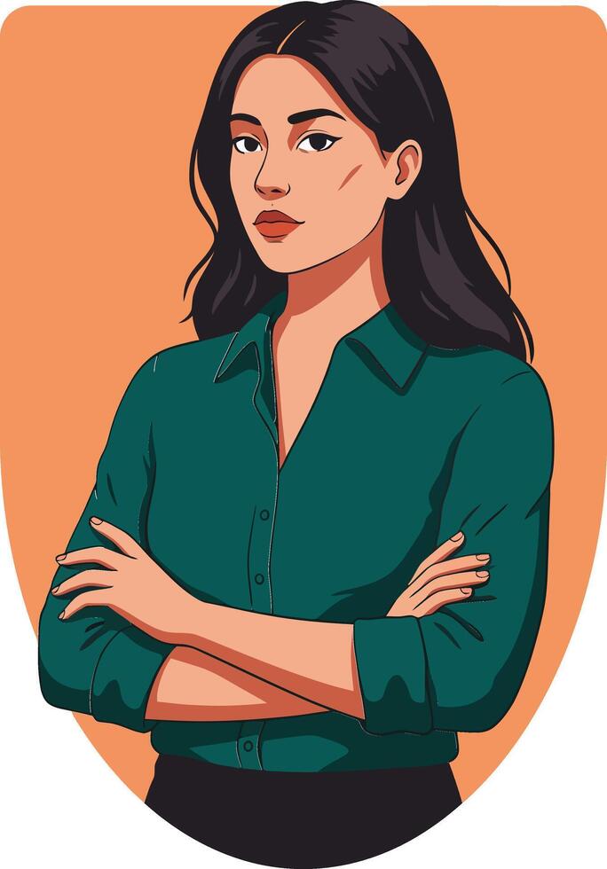 Confident young woman with crossed arms in green shirt portrait on orange background digital illustration vector