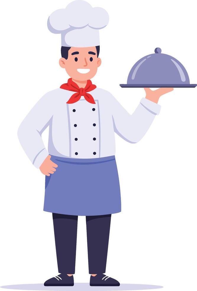 Chef holding covered serving tray dressed in white uniform and blue apron professional kitchen staff character vector
