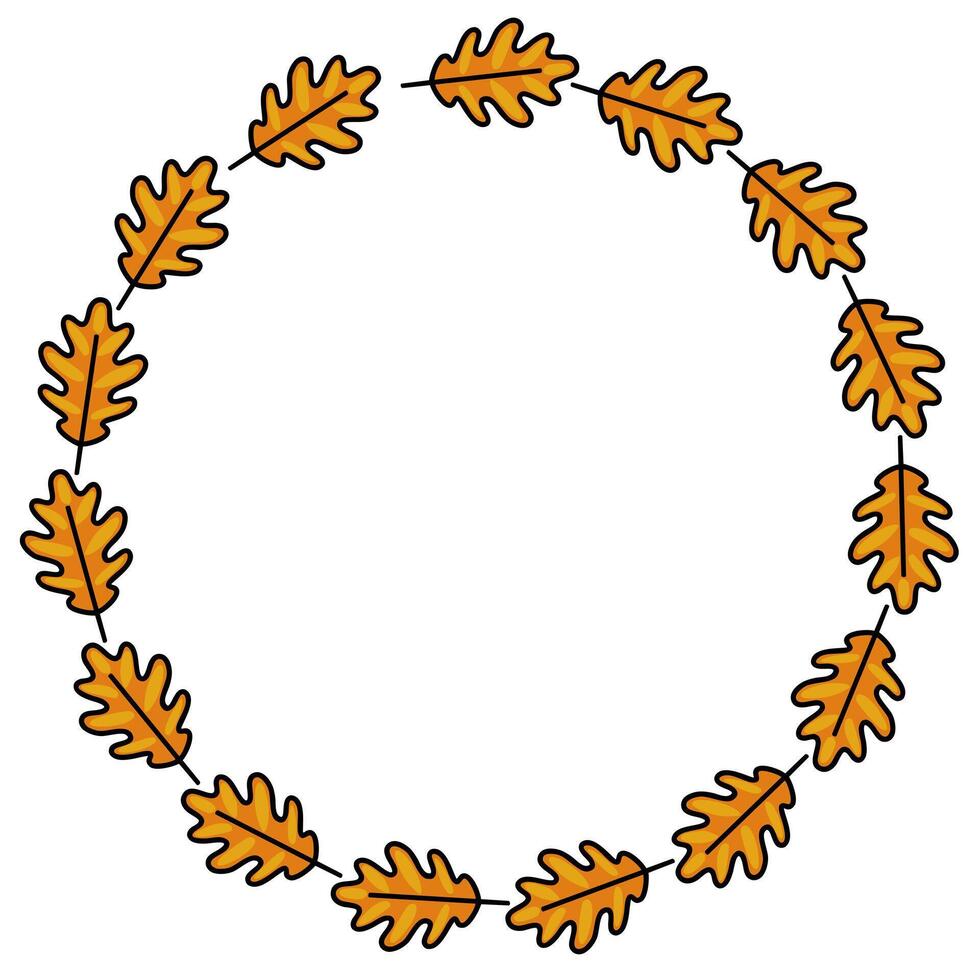 Elegant circular frame design featuring a garland of stylized orange oak leaves, perfect for autumnal themes and seasonal designs. vector