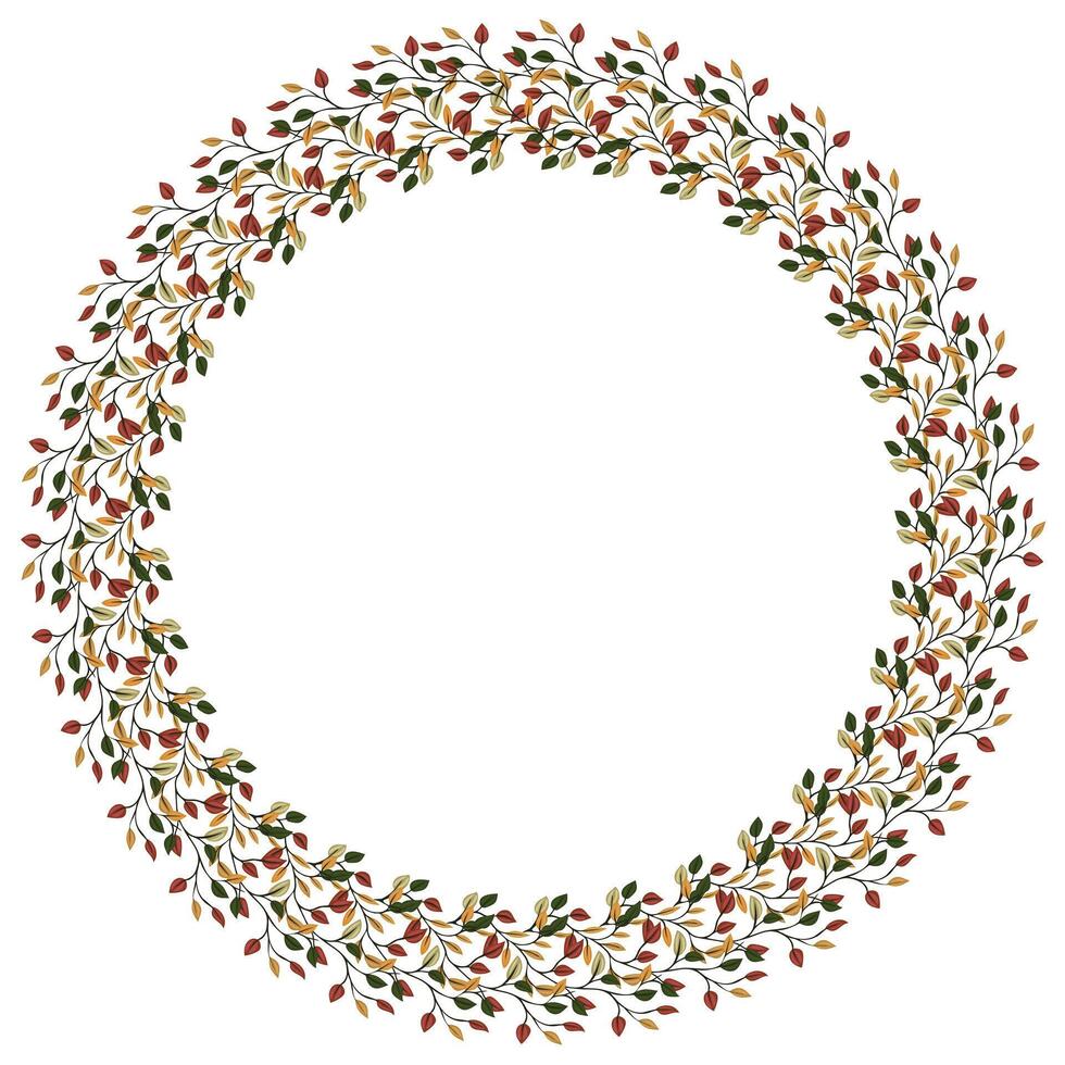 Elegant autumnal wreath design featuring intricately detailed branches with red, gold, and green leaves, perfect for fallthemed invitations or seasonal decorations. vector