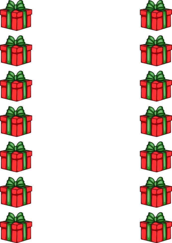 Festive illustration of a vertical border design featuring a repeating pattern of red gift boxes with green ribbons, perfect for holiday cards or wrapping paper. vector