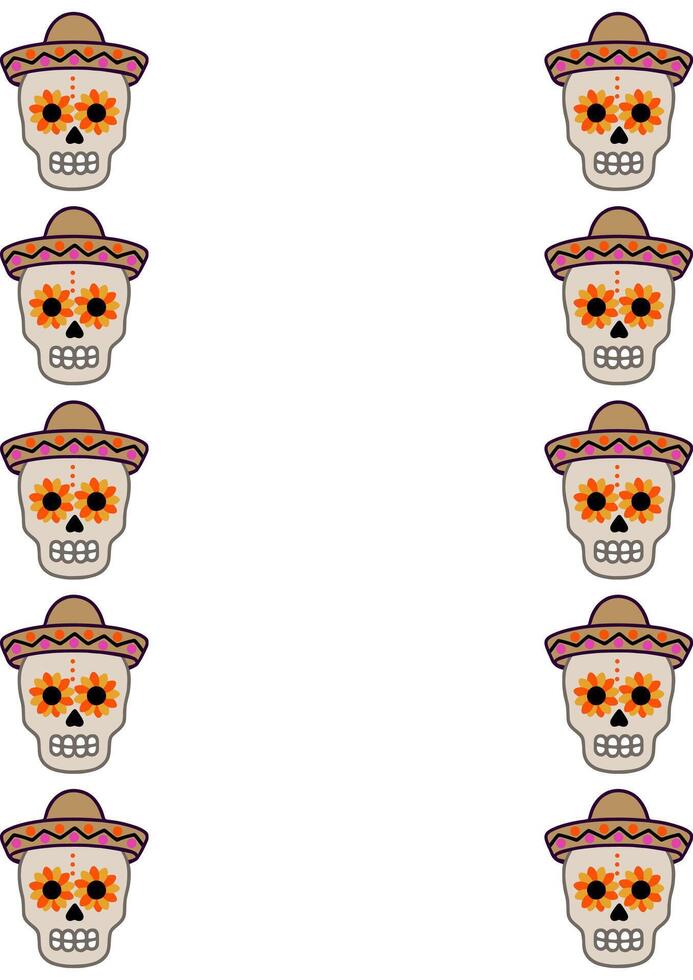 Festive border design featuring ten stylized sugar skulls in sombreros, adorned with vibrant orange and yellow floral eye decorations, perfect for Day of the Dead celebrations or Mexicanthe... vector