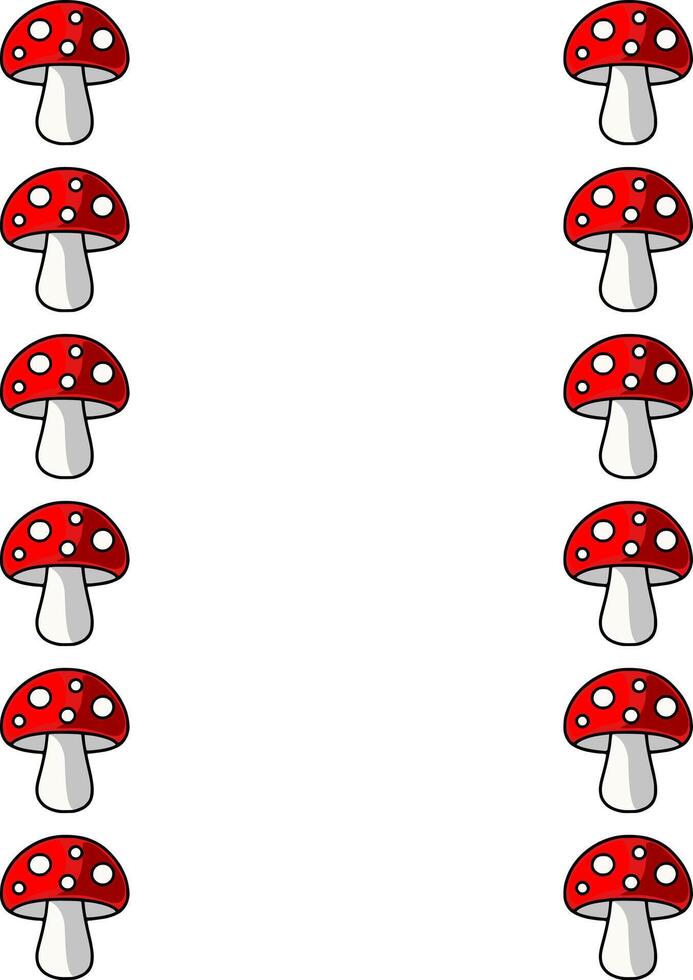 A whimsical illustration featuring a vertical arrangement of cartoonish red toadstools with white spots, creating a playful and symmetrical border design. vector