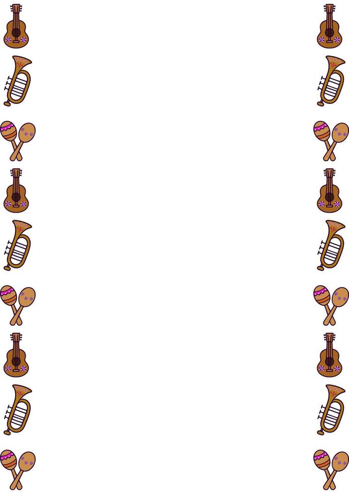 Festive Mexican Fiesta Border Design A cheerful repeating pattern featuring guitars, trumpets, and maracas, perfect for invitations, banners, or party decorations. vector