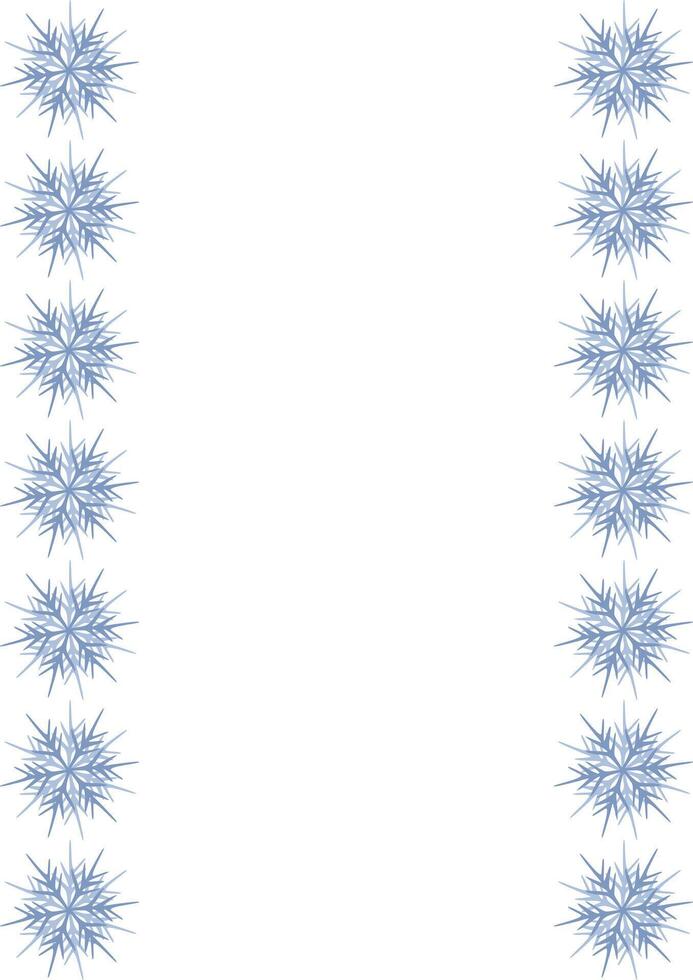 Elegant frame design featuring a vertical arrangement of stylized blue snowflakes on a white background, ideal for winterthemed invitations or greeting cards. vector